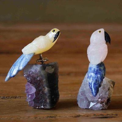 Alternate image for 2 Multi-Gemstone Macaw Figurines Handmade in Brazil Macaw Twosome