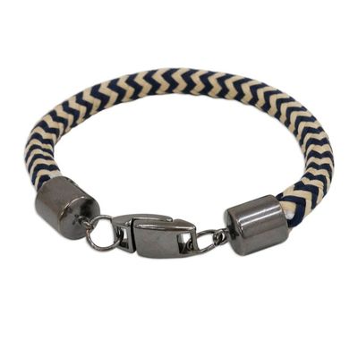Alternate image for Beige and Navy Striped Cotton Cord Bracelet from Brazil Nautical Navy