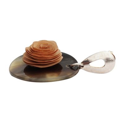 Alternate image for Beige Floral Gold Accented Wood and Horn Dangle Earrings Toffee Rose