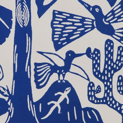 Alternate image for Hummingbird Garden Blue and White Brazilian Woodcut Print The Hummingbirds