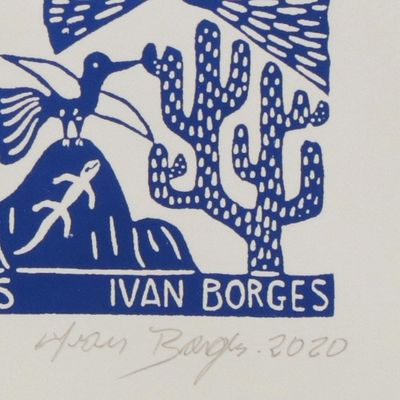 Alternate image for Hummingbird Garden Blue and White Brazilian Woodcut Print The Hummingbirds