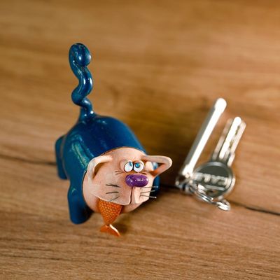 Alternate image for Handcrafted Blue Ceramic Figurine of Cat and Fish Feline Mischief in Blue