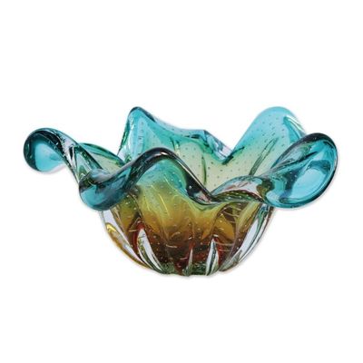 Alternate image for Blue and Yellow Art Glass Decorative Bowl from Brazil Artistic Splash
