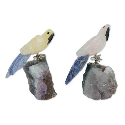 Alternate image for 2 Multi-Gemstone Macaw Figurines Handmade in Brazil Macaw Twosome