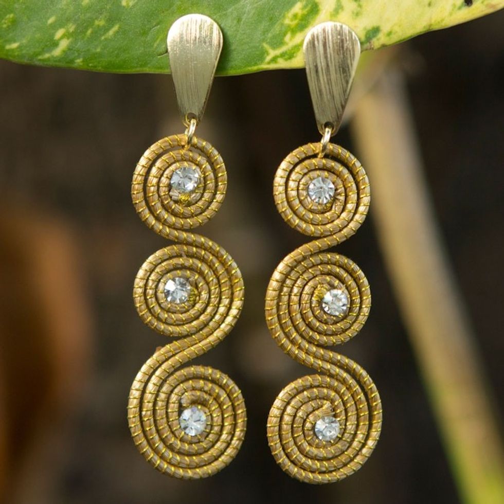 Gold Plated Brazilian Golden Grass and Rhinestone Earrings 'Sparkle and Swirl'