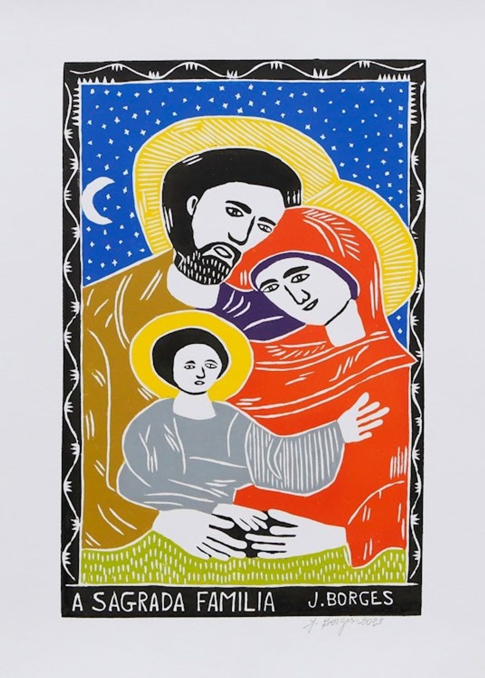 Signed Unstretched Religious Ink Xylograph Print from Brazil 'The Holy Family'