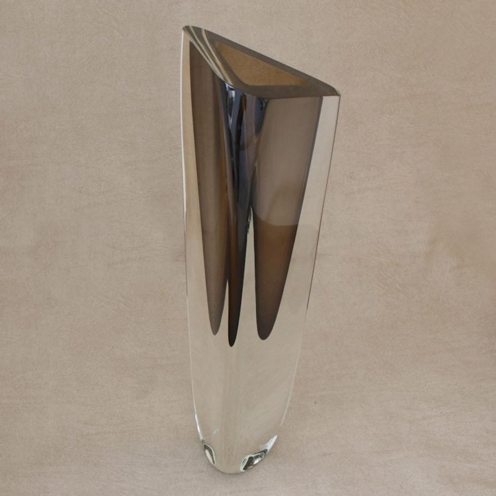 Triangular Art Glass Vase from Brazil 15 Inch 'Smoky Triangle'