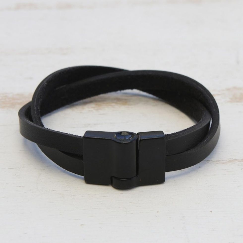 Brazilian Leather Wristband Bracelet for Men 'Determination in Black'