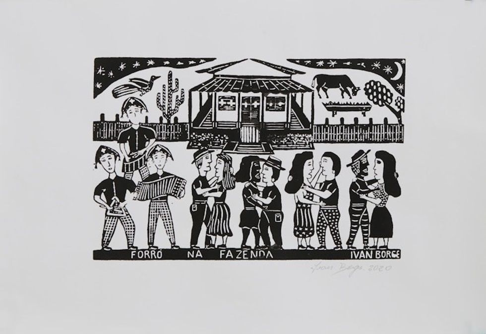 Brazilian Country Town Dance Black and White Woodcut Print 'Dance on the Farm'