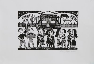 Alternate image for Brazilian Country Town Dance Black and White Woodcut Print Dance on the Farm
