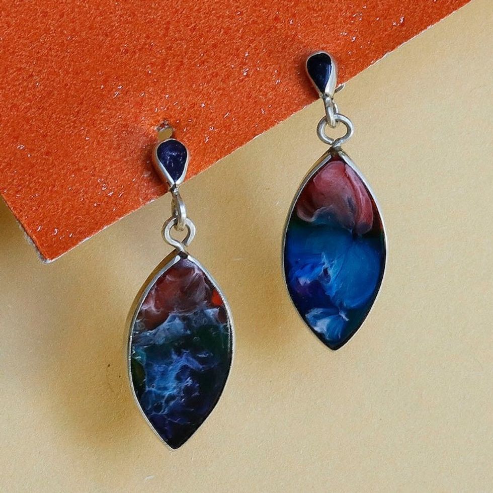 Leaf-Shaped Cool-Toned Silver and Resin Dangle Earrings 'Dulcet Forest'