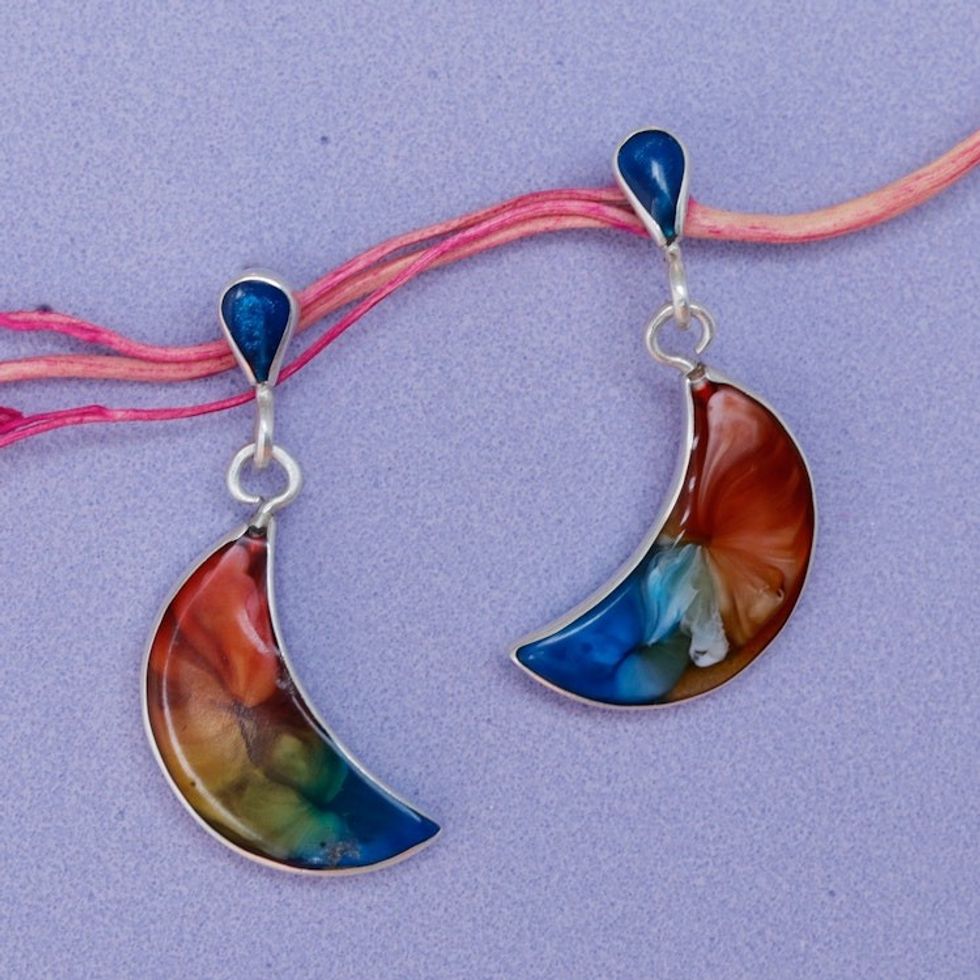 Handmade 950 Silver  Resin Crescent Moon Dangle Earrings 'Breathtaking Crescent'