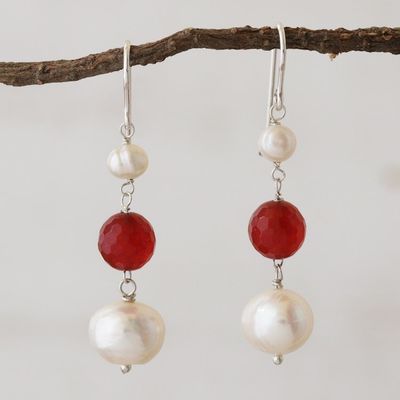 Alternate image for White Cultured Pearl and Carnelian Earrings from Brazil Fire in the Clouds