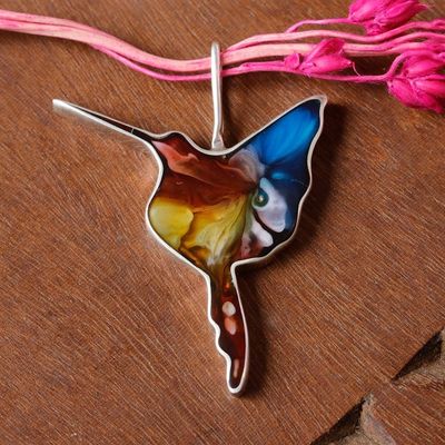 Alternate image for Abstract Vibrant Hummingbird-Shaped Silver and Resin Pendant Oneiric Harmony