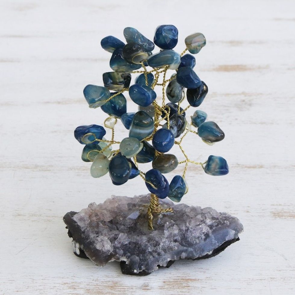 Blue Agate Gemstone Tree with an Amethyst Base from Brazil 'Cool Calm'