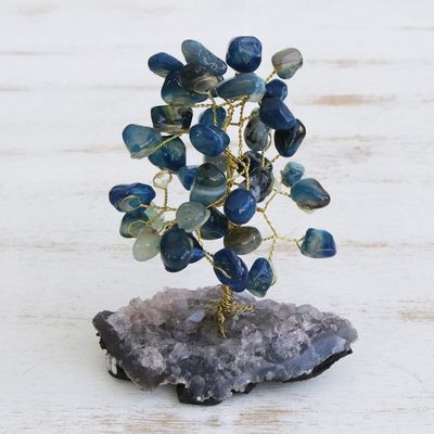 Alternate image for Blue Agate Gemstone Tree with an Amethyst Base from Brazil Cool Calm