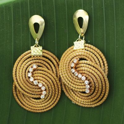 Alternate image for Artisan Crafted Rhinestone and Golden Grass Dangle Earrings Intertwined Circles