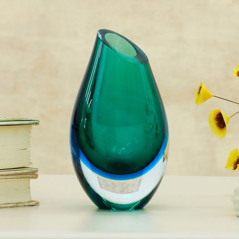 Blue-Green Murano-Inspired Handblown Art Glass Vase 'Wave's Tear'