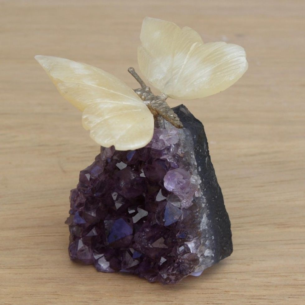 Gemstone Butterfly Sculpture in Honey Calcite and Amethyst 'Honeyed Butterfly'