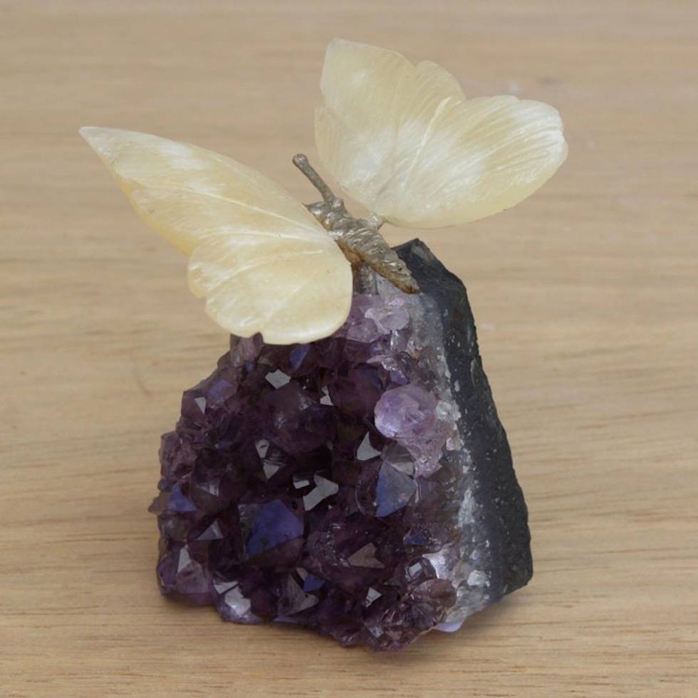 Gemstone Butterfly Sculpture in Honey Calcite and Amethyst 'Honeyed Butterfly'