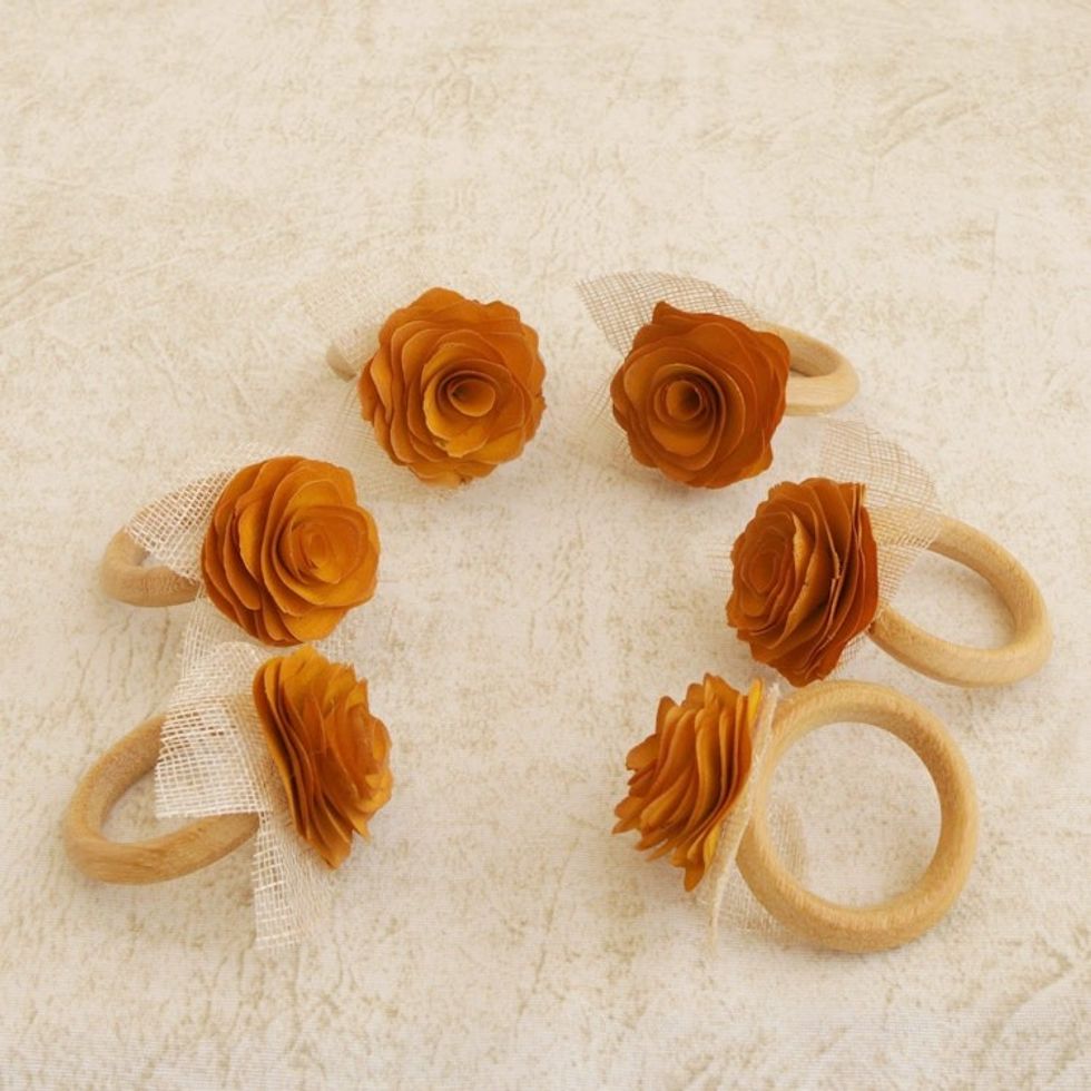 6 Wood and Natural Fiber Tropicana Floral Napkin Rings 'Sunset Roses'