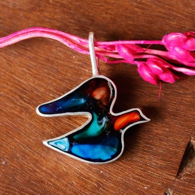 Alternate image for Abstract Colorful Dove-Shaped Silver and Resin Pendant Little Vibrant Hope