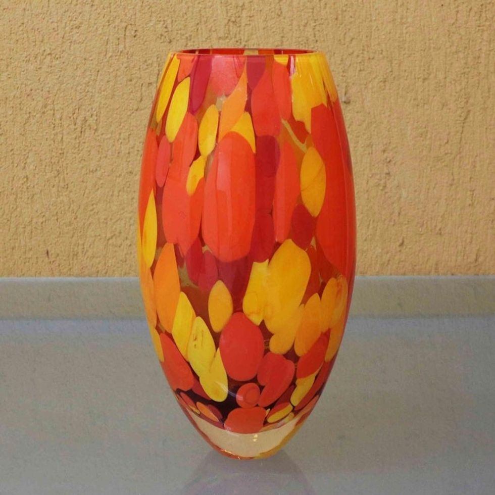 Unique Murano Inspired Glass Vase In Yellows and Orange 'Colors of Fire'