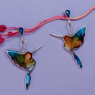 Alternate image for Colorful 950 Silver and Resin Hummingbird Dangle Earrings Flying Hummingbird