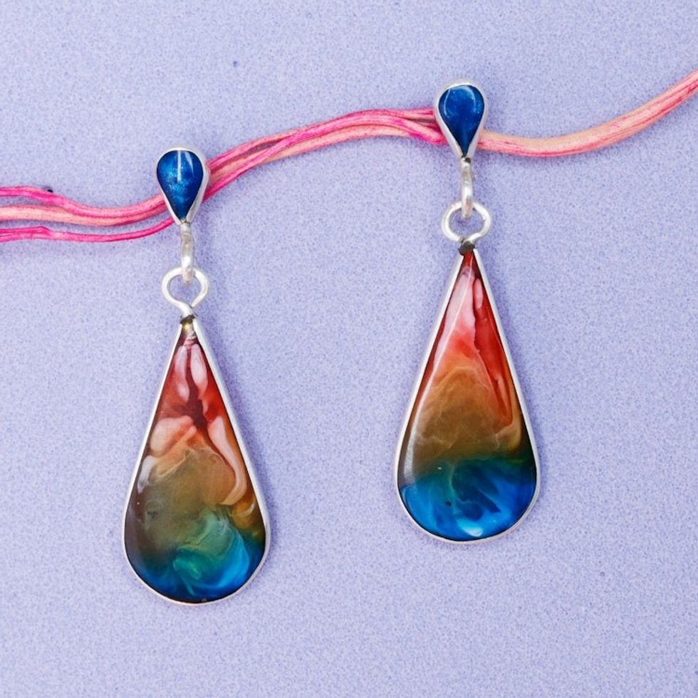 Handmade 950 Silver Resin Drop-Shaped Dangle Earrings 'Colorful Drop'