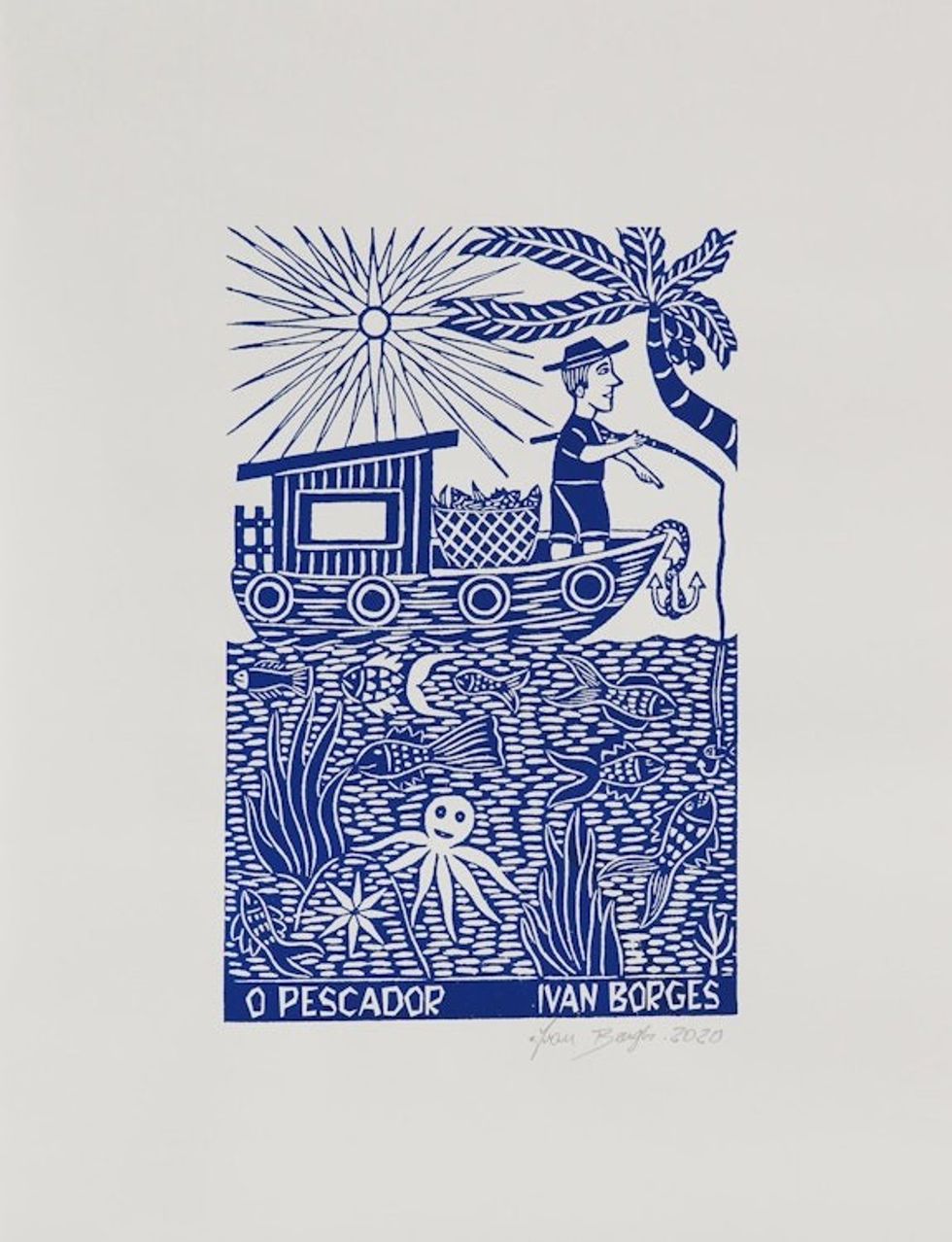 Fisherman and Boat Blue and White Brazilian Woodcut Print 'The Fisherman'