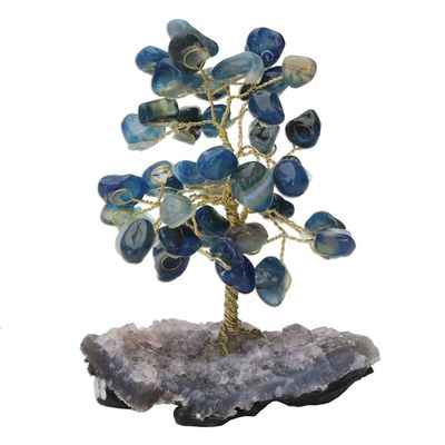 Alternate image for Blue Agate Gemstone Tree with an Amethyst Base from Brazil Cool Calm
