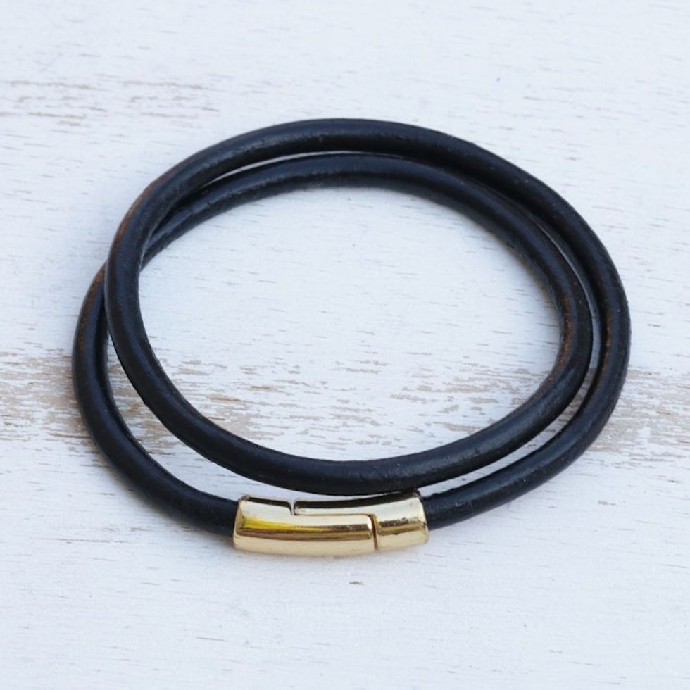 Brazilian Black  Golden Leather Cord Wrap Bracelet 'Black  Gold Urban Confidence'