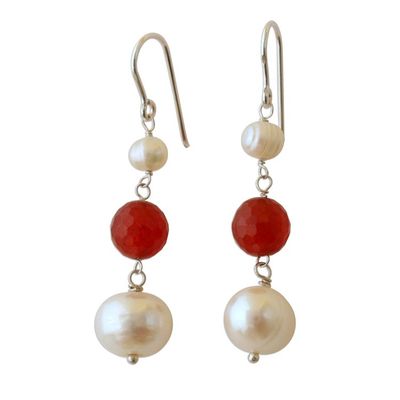 Alternate image for White Cultured Pearl and Carnelian Earrings from Brazil Fire in the Clouds