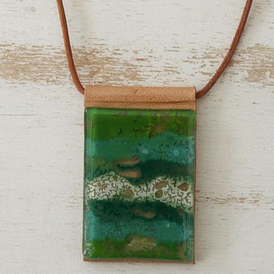 Alternate image for Green Glass and Leather Pendant Necklace from Brazil Forest Layers