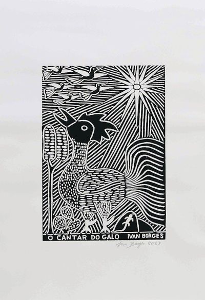 Alternate image for Signed Handcrafted Rooster Woodcut Print in Black and White Rooster Crow