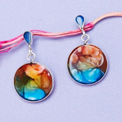 Alternate image for Handmade Colorful 950 Silver  Resin Round Dangle Earrings Breathtaking Moon