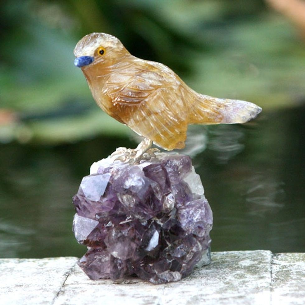 Handcrafted Gemstone Sterling Silver Bird Sculpture 'Beloved Canary'