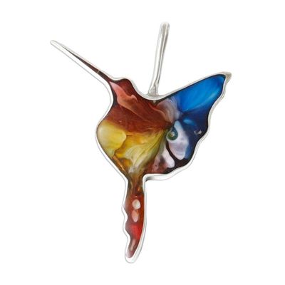 Alternate image for Abstract Vibrant Hummingbird-Shaped Silver and Resin Pendant Oneiric Harmony