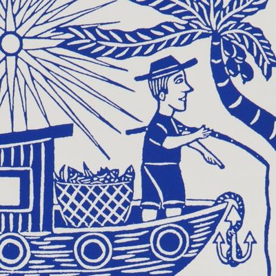 Alternate image for Fisherman and Boat Blue and White Brazilian Woodcut Print The Fisherman