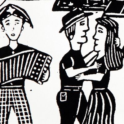 Alternate image for Brazilian Country Town Dance Black and White Woodcut Print Dance on the Farm