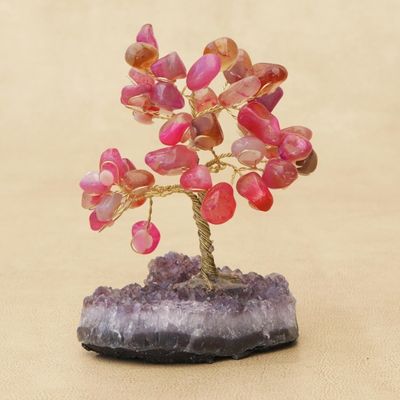 Alternate image for Pink Agate Gemstone Tree with an Amethyst Base from Brazil Cute Leaves