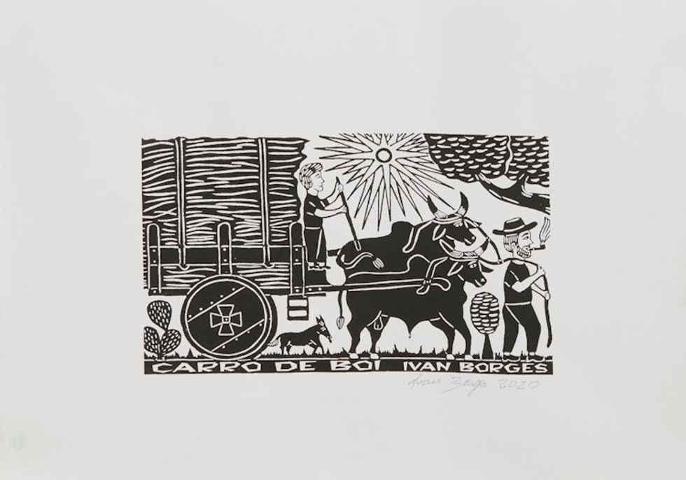 Brazilian Oxcart with Sugar Cane Woodcut Print 'Oxcart'