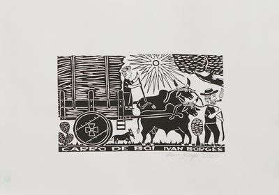 Alternate image for Brazilian Oxcart with Sugar Cane Woodcut Print Oxcart