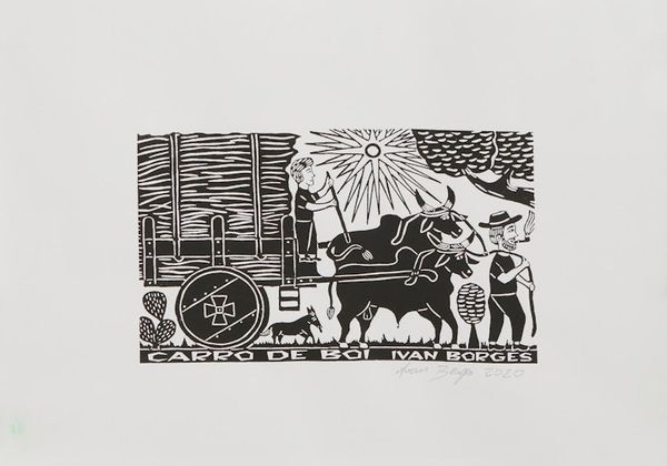 Alternate image for Brazilian Oxcart with Sugar Cane Woodcut Print Oxcart