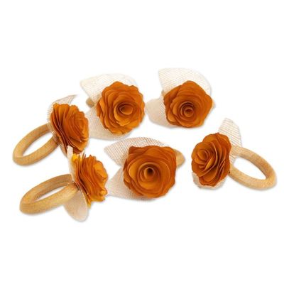 Alternate image for 6 Wood and Natural Fiber Tropicana Floral Napkin Rings Sunset Roses