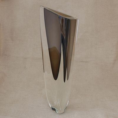 Alternate image for Triangular Art Glass Vase from Brazil 15 Inch Smoky Triangle