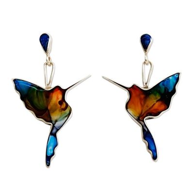 Alternate image for Colorful 950 Silver and Resin Hummingbird Dangle Earrings Flying Hummingbird