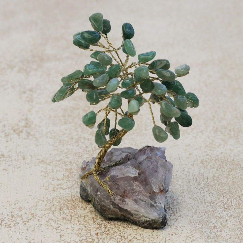 Green Quartz-Amethyst Brazilian Mini Gemstone Tree Sculpture 'Hope and Happiness'