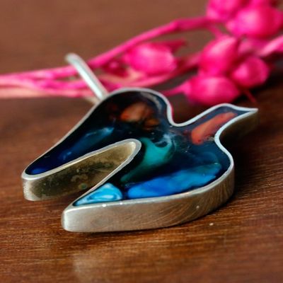 Alternate image for Abstract Colorful Dove-Shaped Silver and Resin Pendant Little Vibrant Hope