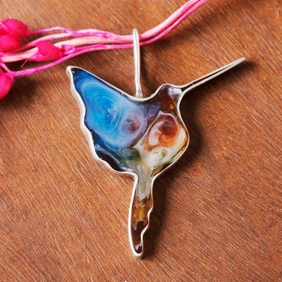 Alternate image for Abstract Vibrant Hummingbird-Shaped Silver and Resin Pendant Oneiric Harmony